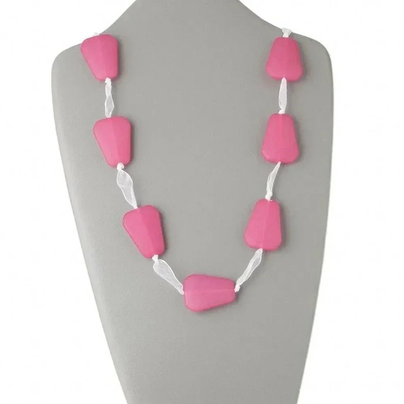 Chunky Retro Hot Pink Trapezoid White Adjustable 50" Long Ribbon Tie Necklace - Picture 2 of 2